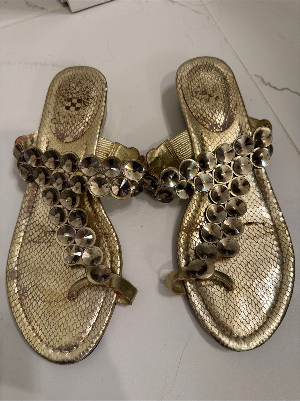 Vince Camuto Metallic Gold Jeweled Slide Sandals